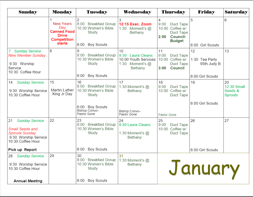 Calendar Bethany Lutheran Church